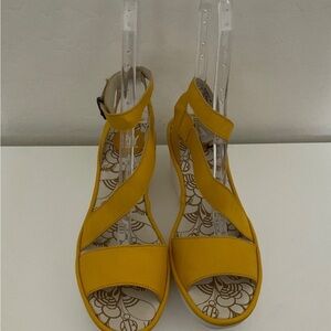 Fly London Yellow Leather Ankle Strap Wedge Sandals - Size 40 (9.5)